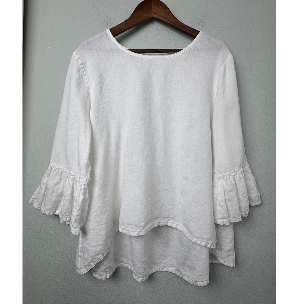 Bryn Walker Fran Basic Linen Ruffle Bell Sleeve High-Low Top White XL - Picture 5 of 14